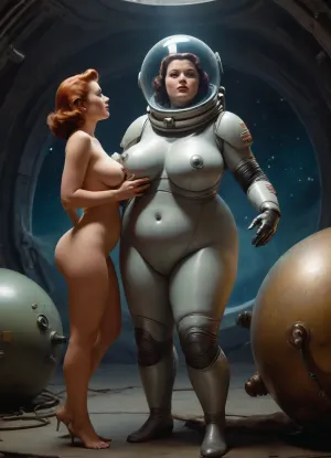 A 50s sci-fi whole body pin-up painting in the style of Frank Frazetta of a plump topless woman in a futuristic spacesuit. Shes being acosted by a humanoid alien with a large dick. Action shot., (large Saggy tits:1.3), (swollen nipples:1.1), (spacesuit), (pin-up), (futuristic), (vintage)