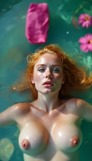 (toes), (feet), Busty skinny blonde, nude, full bush, pubic hair, floating in a swimming pool, laying on her back, facing up, view from 20 feet straight above, green eyes, plump lips, young, wet hair, soaking wet, freckles, wide hips, but, <lora:MJ52:.5>, <lora:BUT_SDXL_SHS:.5>, puffy, nipples, pink, wide, <lora:Nipples XL:.8>