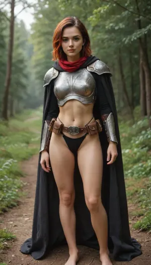 a girl dressed in dirty clothes of orange-red and black, and a painted cuirass with the coat of arms of the phoenix, orange-dyed armor, an iron breastplate, shoulder pads, leggings, a cloak with a hood and a scarf, long legs
woman, 18 year old model, girl, full body image, whole body in the frame, girl posing, full length, thin, the whole body is fully visible, standing, legs visible, (slender hips:1), (thin butt:1), textured skin, detailed and precise face, young facial skin, young girl 18 years old, beautiful and cute face, symmetrical face, triangular face shape, cute cheekbones, triangular jaw, small nose, sharp chin
small nose, sharp chin, girl with youthful facial features, round pupils of the eyes, large blue detailed eyes, eyes looking at the camera, large long eyelashes, blue eyes, eye highlight, red grunge lipstick, sharp lips, joyful smile, bright hairlines, hair in a ponytail, dyed bob hair, pixie cut, detailed hairstyle, expressiveness, (detailed face, detailed hair:1.1), 8k, masterpiece, a girl in the fire of ashes, the background is a huge oak trunk overgrown with moss, a green swamp, cold lighting, (StarCraft\), GLOWING, STYLE, WEAPON, SWORD, EARRINGS, glowing, butterfly, particle, mstltmrc, Mandalorian, style, <lora:EnvyCuteXL04:.5>, <lora:mstltmrc:.5>, <lora:Mandalorian style:.5>