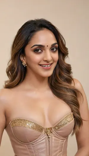 Sexy erotic glamour busty nude photo of a 25_year old kiara advani woman, seductively smiling, studio quality, subsurface scattering, canon 5D, realistic skin texture, skindentation, flat white background, wearing a large amount of golden jewellery, wearing a sexy fetish open black leather BDSM corset revealing her beautiful tits and hairy pussy, <lora:Kiara_Advani_SDXL_LoRA:.7>, KiaraAdvani, <lora:KiaraAdvani-10:.8>, ohnxkiara, <lora:ohnxkiara:.8>
