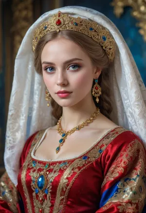 Portrait of a Russian beauty in national costume, lace filigree of bright, rich color. Super clear, highly detailed watercolor, glaze technique, plus colored alcohol ink, style of V. Vasnetsov