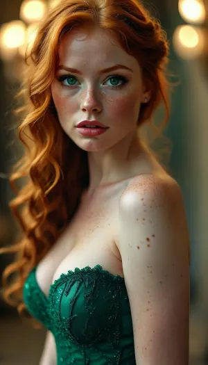 Busty redhead in an emerald green prom dress, green eyes, plump lips, young, ginger, freckles, wide hips, big ass, ((perky butt)), muscular ass, toned ass, but, <lora:MJ52:.5>, <lora:BUT_SDXL_SHS:.5>