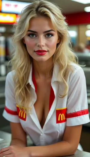 Beautiful young blonde woman working at a McDonald's in 1984, unbuttoned shirt, McDonald's uniform, 1980s styles and hair, leaning over the counter, cleaning the counter with a rag, plump lips, sweaty, covered in sweat, big ass, ((perky butt)), muscular ass, toned ass, (man embracing her from behind, McDonald's Managers uniform), but, downblouse, nipslip, <lora:MJ52:.5>, <lora:BUT_SDXL_SHS:.5>, <lora:RealDownblouseXL2:.8>