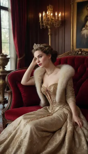 A beautiful portrait of a Victorian-era aristocratic woman lounging gracefully on a lavish red velvet sofa in an extravagant library. Dressed in an exquisite gown embellished with golden embroidery and layers of ruffled fabric, she radiates elegance and sophistication. Her sparkling tiara and fur-trimmed shawl enhance her regal presence, while the grand decor, stained glass windows, and antique furnishings contribute to the scene's timeless luxury.
