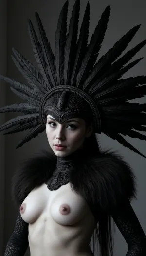 (old woman:1), detailed eyes, evil, muscular, cyber, Aztec, God. detailed large black feathered headdress, very large wide headdress with tall feathers, (black feather length:1.5), detailed shoulder length collar, looking at viewer, dark art style, side head portrait, close up, (black and white ratio:1.3)
