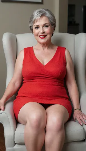 a 68-year-old woman is sitting on a chair, chubby, big hips, big saggy breasts, leg on leg, plump legs, in a dress, with a sweet smile, short haircut, makeup on her face, bright red lips