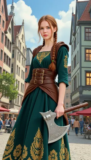A young, fair-skinned woman of Anglo-Saxon descent, approximately 25 years old, stands poised as a medieval executioner in a bustling city square. Her expression is a stoic mask, a subtle hint of weariness etched around her eyes, yet her stance is firm, confident. She holds a gleaming, ornate axe, its polished surface reflecting the city's muted sunlight. Her costume is a dark, emerald green velvet dress, intricately embroidered with gold thread depicting stylized floral motifs. Over the dress, she wears a heavy, brown leather jerkin, accented with brass buckles. Her auburn hair is tightly bound in a practical braid, escaping only in loose tendrils framing her pale face. The city unfolds behind her, rendered in a whimsical Art Nouveau style, buildings stretch towards the sky in fluid, organic lines, windows glow with warm, inviting light. The watercolor style emphasizes soft edges and rich pigments, blues and greens dominate the cityscape, while warm ochres and browns tint the woman's clothing. The overall atmosphere is one of melancholic beauty, a bittersweet blend of power and weariness set against a fantastical urban backdrop. A wide shot, utilizing a slightly low angle to emphasize her dominance, captures her isolated yet powerful figure against the teeming city. The style evokes Alphonse Mucha with the whimsical touch of Beatrix Potter. The textures are lush, with the softness of watercolor blending with the sharp detail of metal and leather. The mood is a dramatic yet delicately rendered scene, highlighting the juxtaposition of brutality and beauty.