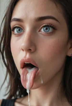 pale petite goth girl, (her face covered in thick white cum), long tongue out, realistic face, wide eyes, wide mouth, (sweat:.9), (cum:1.8), shaking cum off face, crying, very large cock next to her face, high detail, close up, portrait