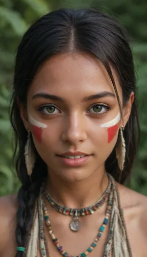 18 year old native American, long straight black hair with bangs, most beautiful eyes, Mimiesquisitinha, closeup, solid line of red facepaint across her face, tribal, beautiful, half smile, perfect white teeth, slut, detailed face, detailed teeth, tan skin, dark, skin, <lora:Darker_skin_SDXL:.8>