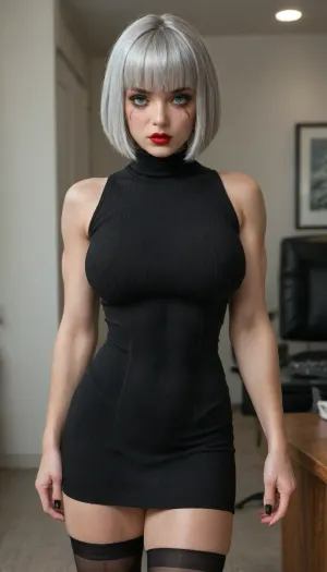 (Ultimate sweater girl with sexy tight waist and massively busty. Extremely busty:1.5), naturally perky boobs, (firm breasts:1), jiggly breasts, bouncy breasts, squishy breasts, long pigtails, cute freckled face, skinny fit body, flaunting sex appeal pose, office setting, sweaterdress, thigh high stockings, bright green eyes, silver hair, (bob cut with bangs:1.5), goth girl, goth makeup, red lipstick, cat eye makeup, smudged makeup, tight abs, abs, snug sweaterdress, thin sweaterdress, knee length sweaterdress, (sheer sweaterdress:.5), toned muscles, sexy toned fit body, exaggerated sexual curves, braless, (boobs pressed together:1), flat stomach, tight waist, sexy abs, nearly see-through dress