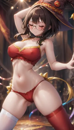 (((Megumin from KonoSuba))), solo, dancing alone in her bedroom, eyes closed, back arched and chest out, large breasts, pronounced feminine features, skin prints, thigh-high socks, panties, crop top, underbust, thick nerd glasses, busty, cameltoe