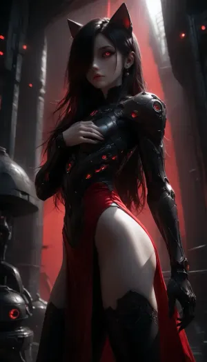 (1 extremely beautiful girl standing in a spaceship with red lighting:1.3), (black sclera eyes), (wide angle), side view, (big thin beautiful lips), (extremely small beautiful face), (hair covering one eye:1.3), (black hair), (perfect long flat hair), (extremely straight hair), (robotic black mech armor with loincloth:1.2), (fully clothed:1.3), (extremely pale skin:1.4), (extremely white lips:1.2), very long thick eyelashes, (extremely beautiful petite body:1.3), collarbones, multiple big necklace, earrings, (cute small breasts:1.3), small waist, (cute bubble butt:1.3), (extremely thin muscular thighs:1.3), long legs, (extremely perfect big beautiful eyes:1.8), (perfect face:1.3), (8k), (extremely dark spaceship), dark, chiaroscuro, low-key, UHD 8K, extreme realism, maximum detail, Gothic girl, cute, charming girl, looking directly at the viewer, a light inviting smile, slender figure, (Elegant cat ears:1.5), black+red Long satin transparent dress, dress with ragged edges, beautiful elastic ass, sexy feminine hips, sexy legs, small breasts in lace armor bra, in red armor corset, black sexy lace stockings, torn stockings, red glowing pupils, all in black+red shades, (Multicolour Ruby Rose Hairstyle), black+red eyes, black+red makeup, black+red jewelry, black+red glowing background, multicolour glossy black+red, flat, chested, <lora:flat_chested_v3.5:1>, <lora:Mecha_Ggorgeous_Armor-000011:.9>, <lora:Image Enhancer XL Extreme v1:.1>, <lora:zavy-cntrst-sdxl:.8>, <lora:dark:.1>