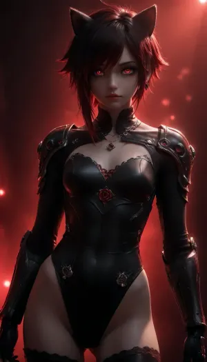 (1 extremely beautiful girl standing in a spaceship), (wide angle), front view, (big thin cute lips), (extremely small beautiful face), white hair, (perfect medium sleek hair:1.2), (extremely sleek hair:1.8), (mech black armor:1.4), (fully clothed:1.2), white skin, very long thick eyelashes, (light teal eyes), (extremely beautiful muscular body:1.3), collarbones, multiple big necklace, earrings, (cute medium breasts), (flat chest), small waist, (cute bubble butt:1.3), (extremely thin muscular thighs:1.3), long legs, (extremely perfect big beautiful eyes:1.8), (perfect face:1.3), (8k), (spaceship), futuristic, spaceship, c0rr1d0r, UHD 8K, extreme realism, maximum detail, Gothic girl, cute, charming girl, looking directly at the viewer, a light inviting smile, slender figure, (Elegant cat ears:1.5), black+red Long satin transparent dress, dress with ragged edges, beautiful elastic ass, sexy feminine hips, sexy legs, small breasts in lace armor bra, in red armor corset, black sexy lace stockings, torn stockings, red glowing pupils, all in black+red shades, (Multicolour Ruby Rose Hairstyle), black+red eyes, black+red makeup, black+red jewelry, black+red glowing background, multicolour glossy black+red, flat, chested, <lora:flat_chested_v3.5:1>, <lora:Mecha_Ggorgeous_Armor-000011:.9>, <lora:futuristic_spaceship_c0rr1d0r:2>, <lora:EnvyZoomSliderXL01:2>, <lora:dark:.1>