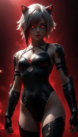 (1 extremely beautiful girl standing in a spaceship), (wide angle), front view, (big thin cute lips), (extremely small beautiful face), white hair, (perfect medium sleek hair:1.2), (extremely sleek hair:1.8), (mech black armor:1.4), (fully clothed:1.2), white skin, very long thick eyelashes, (light teal eyes), (extremely beautiful muscular body:1.3), collarbones, multiple big necklace, earrings, (cute medium breasts), (flat chest), small waist, (cute bubble butt:1.3), (extremely thin muscular thighs:1.3), long legs, (extremely perfect big beautiful eyes:1.8), (perfect face:1.3), (8k), (spaceship), futuristic, spaceship, c0rr1d0r, UHD 8K, extreme realism, maximum detail, Gothic girl, cute, charming girl, looking directly at the viewer, a light inviting smile, slender figure, (Elegant cat ears:1.5), black+red Long satin transparent dress, dress with ragged edges, beautiful elastic ass, sexy feminine hips, sexy legs, small breasts in lace armor bra, in red armor corset, black sexy lace stockings, torn stockings, red glowing pupils, all in black+red shades, (Multicolour Ruby Rose Hairstyle), black+red eyes, black+red makeup, black+red jewelry, black+red glowing background, multicolour glossy black+red, flat, chested, <lora:flat_chested_v3.5:1>, <lora:Mecha_Ggorgeous_Armor-000011:.9>, <lora:futuristic_spaceship_c0rr1d0r:2>, <lora:EnvyZoomSliderXL01:2>, <lora:dark:.1>