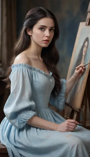 A young woman, late teens to early twenties, with long, dark hair, painting a portrait of a spectral, ethereal female figure. The artist is seen from the waist up, wearing a flowing, light-blue, off-the-shoulder gown with puffed sleeves. Her expression is focused and contemplative, slightly pensive. She holds a paintbrush delicately, her fingers deftly applying strokes to the canvas. A style evoking digital painting, with textures and brush strokes suggesting a fine detail and a realistic quality, yet with hints of abstract expressionism. detailed matte painting, deep color, fantastical, intricate detail, splash screen, complementary colors, fantasy concept art, 8k resolution trending on Artstation Unreal Engine 5