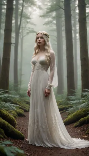 A young woman with long, flowing platinum hair stands in a misty forest, her figure partially obscured by the dense fog. She wears a long, flowing white gown adorned with delicate floral patterns. Her expression is serene and thoughtful, her gaze directed slightly downward. The scene is reminiscent of a fairytale illustration, with ethereal beauty and intricate details, inspired by the works of Arthur Rackham, Edmund Dulac, and Maxfield Parrish. Cinematic, epic, atmospheric scenery.