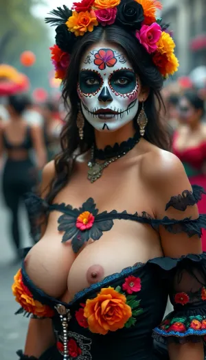 dia de los muertos, Mexican beauty with skull face paints, huge parade in Mexico City, Day of the Dead, traditional Mexican dress in black, cleavage, off shoulder dress, but, <lora:BUT_SDXL_SHS:.8>, <lora:MJ52:.8>, large, breasts, big, boobs, huge, tits, <lora:bombshell_v2:.8>