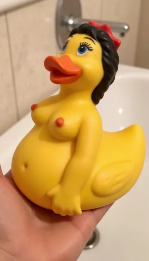 antropomorph yellow rubber duck with a beautiful female figure, in bathroom, Whimsical, Art Nouveau, Watercolor.