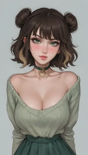 score_9, score_8_up, score_7_up, score_6_up, aroma, ((Anime Style:1)), 1girl, (2d Sketch:1.5), beautiful face, smirk, gigantic sagging natural breasts, natural breasts, overflowing high cleavage, brown hair, blonde bangs, split dyed hair, bangs, wide hips, tan skin, horny expression, full lips, medium length hair, green eyes, freckles, grey outfit, thick oversized knit sweater, school skirt, choker, low hanging pigtail, buns, braids, cum in mouth, style anime, inspired illustration, ratatatat74, <lora:ratatatat74-000050:1.9>, <lora:outline_xl_kohaku_delta_spv5x:1.4>, <lora:cartoon_stickers_xl_v1:1.8>, <lora:NEOTOKIOXL_0.2_RC:.4>, <lora:nwsj_xl_v2:.8>