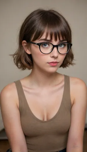 ziprealism, (profile shot, intimate snapshot esthetic, heartbreaking beauty, sexy nerd:1.4), (playful girlfriend, mischievous woman, bashful pose), (expressive eyes, mesmerizing eye contact), (quirky hair style, bangs haircut, thick hair, voluminous hair:1.8), (focus on lips, perfect eyes, tight closeup shot), (subtle makeup, casual makeup), (delicate features, chiseled cheekbones, triangular face, full lips, hair framing face), (crystal blue eyes, catchlights, detailed eyes, downturned eyes, limbal ring:1.2), (glasses, circle frame glasses, stylish oversized glasses, glasses low on nose, quirky glasses:1.2), natural skin texture, (dark, chiaroscuro:1.2), <lora:add-detail-xl:.8>, <lora:zavy-cntrst-sdxl:.8>