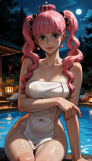 (masterpiece, best quality, highly detailed), high resolution, hires, score_9, score_8_up, score_7_up, score_6_up, (Perona from One Piece:1.4), incase, style, ratatatat74, solo, close up, (hourglass figure), small crown, bathing towel, naked, wet, medium breasts, arm under breasts, eyes looking at viewer, smirk, narrow waist, wide hips, sitting, night, hot spring, <lora:287175_training_data:1.5>, <lora:ratatatat74-000050:1.3>, <lora:outline_xl_kohaku_delta_spv5x:.3>