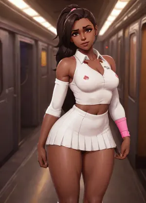 Video game character design, (8k resolution, anatomically corrected, fully detailed image:1), highly detailed picture of an 18 black super model with a cute young face in a gym, Ultra high detail, (in a subway train), ((18 year old, black african-american woman), (petite:1.2), (dark skin:1.7), very fit, slender, (butt:.6), (skinny:1.1), sporty, gorgeous, small breasts, long black hair in a high ponytail, (tiny butt:1.3), (wearing knee high white sock, wearing mini pleated mini skirt, wearing white button down shirt, wearing small pink backpack on her back, smiling)), bent over, medium wide shot, bokeh shot, (several people in background), variable angle, variable view, video game graphics, 3d design, 3d graphic, 3d anime, cartoon, Anime, zenless zone zero graphics style, genshin impact graphics style, stylized shader, 3d anime videogame shader, perfect hands, perfect fingers, stylized, very detailed, detailxl, ForniteStyle, arcane, style, zenless zone zero, overwatch, flat, chest, big, breasts, huge, gigantic, small, hips, thighs, wide, thick, plump, belly, muscular, female, arms, extra, abs, <lora:sxz-texture-sdxl:.9>, <lora:OWStyleYeiyeiArt-8:.7>, <lora:arcane_style_xl_v1:1.1>, <lora:Venus_Body_Alpha:.8>