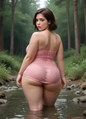 sensual 25 year old fat woman. she has fat big lips. round face. she is completely soaked. hair is soaked. pink dress is soaked. face is wet. raindrops on her skin. heavy rain in the forest, plump, skindentation, chubby, bbw, venus, body, big, breasts, ass, soakingwetclothes, <lora:Chubby BBW - XL:.8>, <lora:soakingwetclothesXL:1>