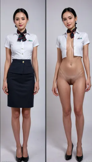 Stewardess to naked: ultra-detailed embarrassed transition in hyper-realism