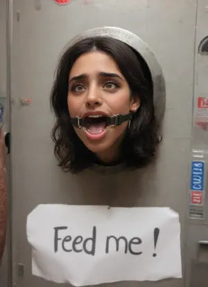 (metal rim:1.8), (glory wall:1.2), (bust and head sticking out hole with metal rim:1.5), (muslim turkish girl trapped in hole with metal rim:1.3), (dark green cashmere pullover:1.1), (wide mouth spreader ring gag:1.4), (from side), (leaning forward:1.4), (embarrassed, ashamed), (pleading expression), (vintage vending machine:1.3), (box is low mounted, close to floor), (score_9, score_8_up, score_7_up, UHD 8K, masterpiece, best quality, maximum details, natural light, extreme realism, cinematic still), (vending machine is hanging low:1.1), (she stares at man stroking his big penis in front of her face:1.6), (arms restrained with iron rings to the wall:1.2), (shackles around wrists)