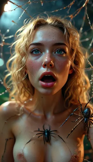 (((spiders in her mouth))), (((spiders crawling out of her open mouth))), (Spiders on her chest), (tarantulas), (Black widow spiders on her face), (brown recluse spider on her shoulders), (small spiders in her mouth), (dozens of spiders crawling out of her mouth), cobwebs, Long shot, full body image, (beautiful naked blonde woman caught in a giant spiderweb), curly hair, freckles, night, full moon, viewed from above, spooky atmosphere, large natural breasts, sagging breasts, (large spiders crawl over the body), eye contact with the viewer, smirk, smile skinny, slender, athletic, toned beautiful, young, (spiders in her open mouth), but, <lora:BUT_SDXL_SHS:.3>, <lora:MJ52:.5>, <lora:detailed_notrigger:.8>