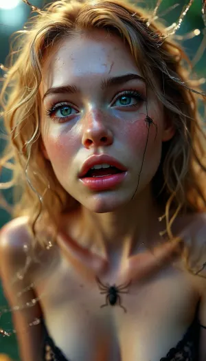 (((spiders in her mouth))), (((spiders crawling out of her open mouth))), (Spiders on her chest), (tarantulas), (Black widow spiders on her face), (brown recluse spider on her shoulders), (small spiders in her mouth), (dozens of spiders crawling out of her mouth), cobwebs, Long shot, full body image, (beautiful naked blonde woman caught in a giant spiderweb), curly hair, freckles, night, full moon, viewed from above, spooky atmosphere, large natural breasts, sagging breasts, (large spiders crawl over the body), eye contact with the viewer, smirk, smile skinny, slender, athletic, toned beautiful, young, (spiders in her open mouth), but, <lora:BUT_SDXL_SHS:.3>, <lora:MJ52:.5>, <lora:detailed_notrigger:.8>