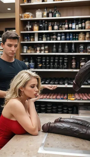 A busty and sexy amd curvy blonde wife in stilettos and sexy underwear, she is shopping for black cocks, (many black men lined up behind a counter with their extreme heavy throbbing thick black cocks on display, the men all have their throbbing flaccid penises resting on the counter, with a gloved hand she is lifting and examining the biggest black penis of them all:1.4)