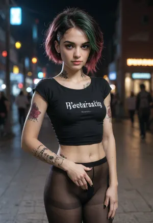 Judy Alvarez from the Cyberpunk 2077 portrait.
Photorealistic quality, 8k image, perfect body, perfect figure, feminine figure, perfect skin, top quality skin, top quality hair, sexy figure, athletic figure, skinny, perfectly toned ass, narrow waist, perfectly firm breasts, small breasts. Very pretty face, feminine
features, very pretty face, incredibly beautiful dark brown eyes, makeup of the highest quality. Black manicure, beautiful manicure, black nails. Beautiful underwear, beautiful outfit, tight T-shirt. Erotic pose, attractive pose, sexy pose. Beautiful background, cyberpunk, neon lighting, perfecteyes, dark, theme, <lora:CinematicStyle_v1:.8>, <lora:lora-sdxl-perfect-eyes:.8>, <lora:sdxl_lightning_4step_lora:.8>, NEGATIVE_HANDS, panntyhose, black, pantyhose, white, <lora:pantyhose_xl_v1:.8>