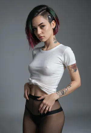 Judy Alvarez from the Cyberpunk 2077 portrait.
Photorealistic quality, 8k image, perfect body, perfect figure, feminine figure, perfect skin, top quality skin, top quality hair, sexy figure, athletic figure, skinny, perfectly toned ass, narrow waist, perfectly firm breasts, small breasts. Very pretty face, feminine
features, very pretty face, incredibly beautiful dark brown eyes, makeup of the highest quality. Black manicure, beautiful manicure, black nails. Beautiful underwear, beautiful outfit, tight T-shirt. Erotic pose, attractive pose, sexy pose. Beautiful background, cyberpunk, neon lighting, dark, theme, green, eyes, blue, brown, perfecteyes, <lora:PerfectEyesXL:.8>, <lora:CinematicStyle_v1:.8>, panntyhose, pantyhose, white, <lora:pantyhose_xl_v1:.8>, detailxl, NEGATIVE_HANDS