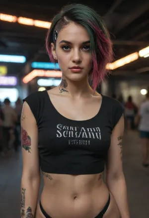 Judy Alvarez from the Cyberpunk 2077 portrait.
Photorealistic quality, 8k image, perfect body, perfect figure, feminine figure, perfect skin, top quality skin, top quality hair, sexy figure, athletic figure, skinny, perfectly toned ass, narrow waist, perfectly firm breasts, small breasts. Very pretty face, feminine
features, very pretty face, incredibly beautiful dark brown eyes, makeup of the highest quality. Black manicure, beautiful manicure, black nails. Beautiful underwear, beautiful outfit, tight T-shirt. Erotic pose, attractive pose, sexy pose. Beautiful background, cyberpunk, neon lighting, dark, theme, NEGATIVE_HANDS, detailxl