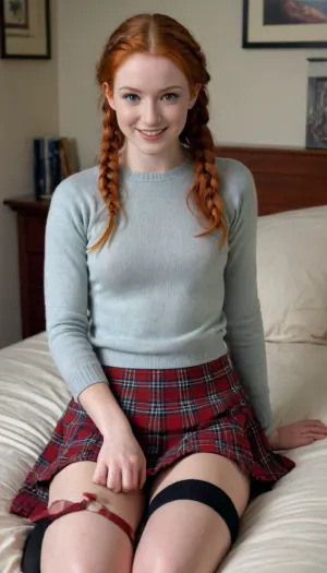 1 woman, student, freshman, Irish, very cute face, smiling face, (red ginger hair), (intricate braided hair), skinny, small waist, skinny thighs, petite, belly button, small, flat, (tight short sleeve sweater), (plaid mini skirt), (knee high stockings), (1990s style:1), college dorm room, books, pillows, sitting on the edge of her bed lifting her skirt