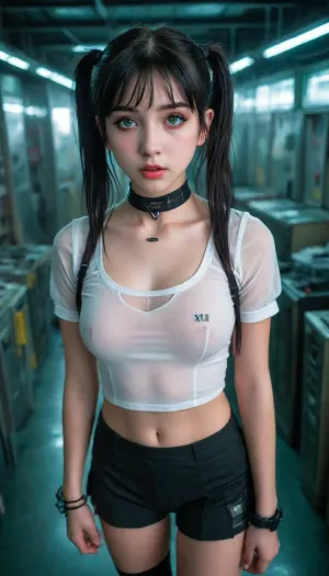 beautiful 18 years old, school girl, school uniform, black choker, see thru top, skinny face, petite body with black hair, pigtails green eyes, medium breasts, full body picture view from top, Cyberpunk, <lora:cybepunk:.8>