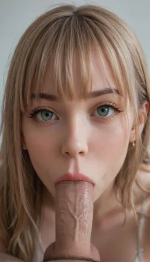 Photo of a pretty woman with green eyes and, ((extremely long:1.9)), straight, ((light brown:1.7)), hair with, ((bangs:1.9)), covering her forehead, giving a man blowjob, (close up side view looking down from above), (looking at viewer), Nikon Z9, realistic matte skin, skin texture visible, (sharp focus), (high quality), (face visible), (blowjob), look, at, my, prompts, <lora:SDXL_Sevenof9_7th_NSFW:1.5>, <lora:DetailedEyes_V3:.8>