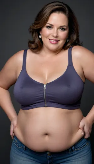 The image depicts a obese, bbw, mature woman, 60 years old, milf, full body view portrait, against a solid black background.
Body and Figure, The bbw woman has a curvaceous and full figure. Her shoulders appear broad, and her arms are chubby. Her waist is cinched, emphasizing the width of her hips and thighs, which are generously proportioned, giving her an hourglass or pear-shaped silhouette.
Breasts, She has a very full bust, with her saggy breasts appearing large and prominent, pushing against the fabric of her top. Her nipples are hard.
Clothes, She is wearing a simple white sleeveless top with wide straps, which appears to be a camisole or tank top. The top is form-fitting, highlighting her bust. Below the top, she is wearing a pair of dark blue denim jeans. The jeans are high-waisted and snug, conforming to her big hips and thighs. The waistband has visible buttons and a zipper closure. On her left wrist, a silver-toned watch with a metal band is visible. She is wearing a diamond wedding ring on her left hand ring finger.
Face and Features, Her face is presented frontally, with a big smile. She has dark hair, styled in a bob or shoulder-length cut, parted on the side, and appearing to have some brown highlights. Her eyes are light-colored, possibly blue or grey, and there is visible makeup around them, including eyeliner and mascara. Her eyebrows are well-defined and dark. Her nose is of average size, and her lips are full and colored with what appears to be a natural or light pink lipstick. Despite the stated age of 60, her skin appears relatively smooth with visible wrinkles. There's a subtle dimple visible on her right cheek.