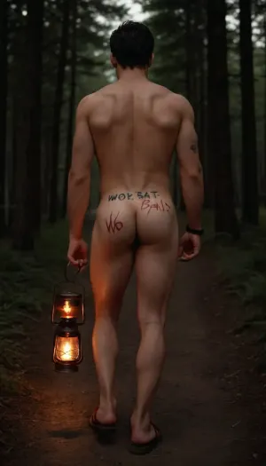 rear view, young male, black hair, thick hair, short hair, nude, ass in view, text painted on male ass "WOLF BAIT" with black marker, wearing red sandals, carrying a lantern, candlelight, kneeling on a path in a forest, <lora:realistic_male_ass:.5>