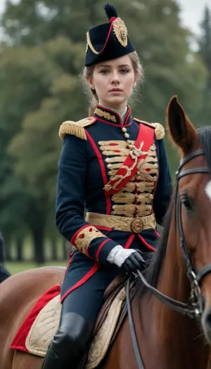 A girl in a hussar's uniform on a horse