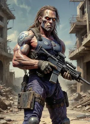 masterpiece, full body, cyborg, metal head, steel corpus, machine gun, messy hair, of, drawix9, dwx9, NEGATIVE_HANDS, Richard, Corben, Style, Holding, a, assault, rifle, <lora:tbh235-sdxl:.9>, <lora:drawix9:1>, <lora:Richard Corben Style:.9>, <lora:Assault_rifle-000016:.8>