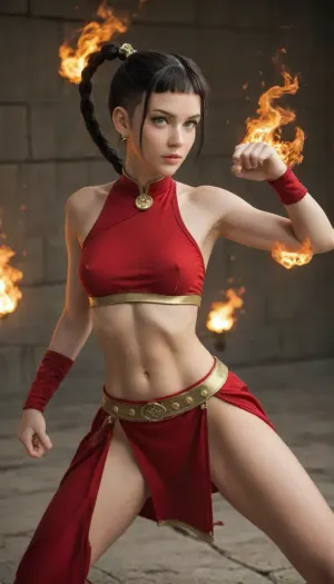 (fire nation Tylee:1.4), (one long braid), (Avatar the last air bender), (slutty cut out outfit:1.7), (ultra petite body:1.9), tylee, ard nipples sticking out from under clothes, high round breasts, fighting stance