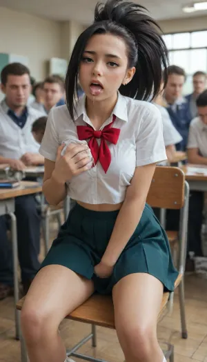 yaoyorozu momo, no makeup, petite face, shy, half open mouth, half closed eyes, moistened eyes, down-slanting eyebrows, blush, (saliva, steam with mouth, sweatdrop), long legs, tan, (clothed, school uniform from boku no hero academia, underbust), chair, leaning forward upper body, (grabbing own breasts on clothes, fingering in skirt), classroom at ontime, crowd