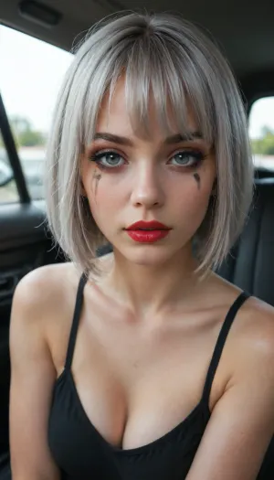 silver hair, (bob cut with bangs:1.5), goth girl, goth makeup, red lipstick, cat eye makeup, smudged makeup woman in taxi, looks seductive, fondling her breasts