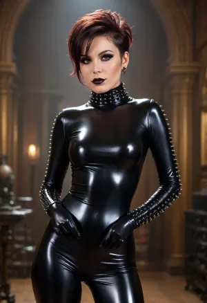 (masterpiece, best quality:1), 1 czech 25yo woman, famous pop singer, (she wears a high neck black latex suit and spiked collar, black tulle skirt:1.4), indoors in a opera house, (short brunette razor cut hair:1.4), (punk:1.2), brown eyes, black eyeshadows, glitter stones at the corners of the eyes, piercing in nose, photorealism, 80s, punk, clothing, <lora:80s_punk_clothing:.5>