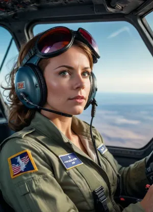 Highly detailed image, bright saturated colors, 8K quality, A beautiful female pilot, wearing a half-unbuttoned jumpsuit, tits half view, at the controls of an American F-15 Eagle fighter jet in flight.