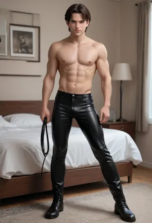 full body view, photorealistic image, muscular man, 18 years old man, muscular man standing in bedroom, front view, mean face, holding a long black whip in the left hand, presenting the whip to viewer, wearing black tight leather pants, wearing black leather boots, brunette hair, short hair, muscular chest, nude chest
