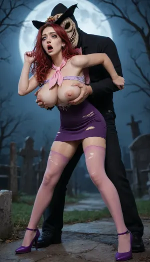 ((1man, 1woman)), ((a scared k5t13b5nks, ((wearing ripped purple minidress, pink neckerchief, pink stockings and purple high heels ONLY)), lost in a creepy graveyard at night, grabbed from behind by, (man in scarecrow mask))), 25 years old, (bright red hair), (long straight hair), bangs, (light makeup), (large breasts), (exposed breasts), ((erect nipples)), closeup, (running mascara), (purple minidress), (pink stockings), (pink neckerchief), (purple high heels), (scared expression), terrified, eyes closed, ((focus rough handling)), (grabbed from behind), ((man groping breasts)), ((focus man in scarecrow mask)), (creepy graveyard), (nighttime:1), (full moon), mist, tombstones, <lora:576533_training_data:.8>