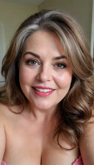 sexy mature, sexy 60 years old, brunette, long wave hair with highlights, chubby, cute smile face, huge bright hazel eyes, wide jaw, long big chin, tall, selfie, in the morning, after sleep, messy hair, seductive eyes, chubby round face, lipstick